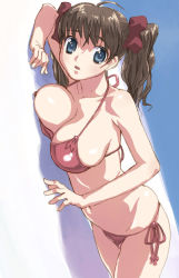 Rule 34 | 1girl, bikini, blue eyes, blush, breast press, breasts, brown bikini, brown hair, character request, cleavage, collarbone, hair ribbon, hirose (mokiki), large breasts, long hair, looking at viewer, lying, navel, open mouth, ribbon, side-tie bikini bottom, source request, swimsuit, twintails