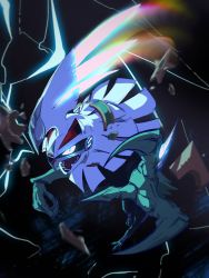 Rule 34 | broken mask, chimera, creatures (company), dark background, electricity, fangs, game freak, gen 7 pokemon, glowing, glowing eyes, highres, incoming attack, legendary pokemon, looking at viewer, mask, nintendo, open mouth, pokemon, pokemon (creature), pokemon sm, silvally, solo, tapwing
