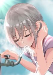 Rule 34 | 1girl, blurry, blush, breasts, closed eyes, collarbone, depth of field, dot nose, drinking, faucet, grey hair, hand on own head, hand up, highres, idolmaster, idolmaster cinderella girls, idolmaster cinderella girls starlight stage, kouyatsutou, open mouth, otokura yuuki, pink shirt, shirt, short hair, short sleeves, small breasts, solo, sunlight, sweat, water