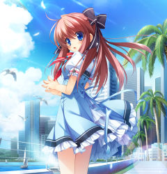 Rule 34 | 1girl, :o, bird, blue dress, blue eyes, boat, bow, brown hair, building, city, cityscape, cloud, day, dress, feathers, fingers together, frilled dress, frilled sleeves, frills, fujina kanori, game cg, gotou nao, hair bow, hasami miyako, highres, lake, long hair, looking at viewer, minami juujisei renka, official art, outdoors, palm tree, puffy short sleeves, puffy sleeves, ribbon, school uniform, short dress, short sleeves, sky, solo, steepled fingers, sunlight, surprised, tree, water, watercraft