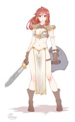 Rule 34 | 1girl, armband, armor, bad id, bad twitter id, bikini armor, blush, boots, breasts, brown footwear, cleavage, commentary request, contrapposto, copyright request, dated, full body, hair tubes, highres, holding, holding shield, holding sword, holding weapon, kunami himehiko, large breasts, navel, parted lips, pelvic curtain, red eyes, red hair, shield, shoulder armor, signature, simple background, solo, pauldrons, standing, sweatdrop, sword, weapon, white background