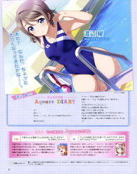Rule 34 | 10s, 1girl, absurdres, barefoot, blue eyes, blue one-piece swimsuit, brown hair, competition swimsuit, dutch angle, feet, goggles, unworn goggles, highres, inou shin, love live!, love live! sunshine!!, official art, one-piece swimsuit, pool ladder, poolside, short hair, swim cap, unworn swim cap, swimsuit, takami chika, watanabe you