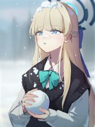 Rule 34 | 1girl, aqua bow, aqua bowtie, blonde hair, blue archive, blue eyes, blush, bow, bowtie, braid, collared shirt, expressionless, french braid, halo, highres, long hair, long sleeves, looking up, outdoors, parted lips, shioda (shioda 5), shirt, snow, snowball, snowing, solo, sweater vest, toki (blue archive), upper body, white shirt