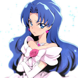 Rule 34 | 10s, 1girl, alternate hairstyle, bare shoulders, blue eyes, blue hair, blurry, blush, crossed arms, earrings, elbow gloves, gloves, hair down, heart, heart earrings, jewelry, kirakira precure a la mode, long hair, looking at viewer, nakahira guy, necklace, precure, simple background, solo, tategami aoi, white background, white gloves