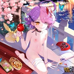 Rule 34 | 1girl, androgynous, bandages, barefoot, benghuai xueyuan, blue butterfly, breasts, bug, butterfly, choker, grey eyes, heterochromia, homu (honkai impact), honkai (series), insect, looking at viewer, multicolored hair, nipples, nude, pink hair, purple hair, sharp teeth, short hair, sin mal0909, sin mal (benghuai xueyuan), sitting, small breasts, smile, solo, split-color hair, teeth, wariza, yellow eyes
