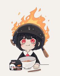 Rule 34 | 1girl, absurdres, black hair, black sweater, bob cut, bowl, burning, chopsticks, closed mouth, collared shirt, commentary, dress shirt, english commentary, fang, fire, food, hand on table, highres, hot, instant ramen, looking at viewer, mai (melonbread), melonbread, necktie, noodles, original, pot on head, ramen, red eyes, red necktie, school uniform, shirt, short hair, simple background, sitting, smile, solo, spicy, sweat, sweater, table, v-shaped eyebrows, white background, white shirt, wok