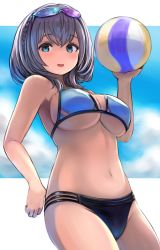 Rule 34 | 1girl, alternate costume, armpits, ball, bare arms, bare shoulders, beach volleyball, bikini, black bikini, blue bikini, blue eyes, braid, breasts, cleavage, cowboy shot, enumiyaa, goggles, goggles on head, groin, hand up, highres, holding, holding ball, hololive, large breasts, long hair, looking at viewer, mismatched bikini, mole, mole on breast, navel, open mouth, playing sports, shirogane noel, silver hair, smile, solo, standing, stomach, swimsuit, thighs, virtual youtuber, volleyball, volleyball (object)