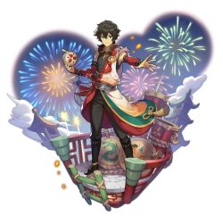 Rule 34 | bomb, boots, brown hair, cygames, detached sleeves, dragalia lost, explosive, fireworks, full body, green eyes, looking at viewer, male focus, nintendo, non-web source, official art, saitou naoki, shirt, sleeveless, sleeveless shirt, solo, standing, su fang, transparent background