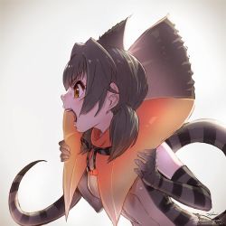 Rule 34 | 10s, 1girl, brown hair, commentary request, elbow gloves, frilled lizard (kemono friends), gloves, kemono friends, lizard tail, neck ribbon, open mouth, profile, ribbon, short hair, sleeveless, solo, striped, tail, takami masahiro, twintails, yellow eyes