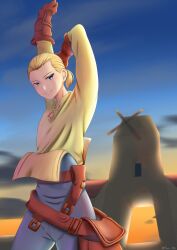 Rule 34 | 1boy, arm rest, arms up, artist name, belt, blonde hair, blue pants, building, cloud, dawn, final fantasy, final fantasy tactics, fwa rw, hand in own hair, highres, looking to the side, mustadio bunansa, nose, pants, ponytail, pouch, ruins, shirt, sky, smile, solo, strap, stretching, upper body, windmill, yellow shirt