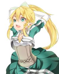 Rule 34 | 10s, 1girl, alternate breast size, aqua eyes, armor, arms up, bad anatomy, bad id, bad pixiv id, blonde hair, choker, kame^^, leafa, long hair, open mouth, pointy ears, ponytail, poorly drawn, solo, sword art online, white background