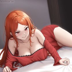 Rule 34 | 1girl, absurdres, bare shoulders, bed, bed sheet, breasts, cleavage, dress, highres, large breasts, long hair, long sleeves, looking at viewer, lying, parted lips, priscilla barielle, re:zero kara hajimeru isekai seikatsu, red dress, red eyes, red hair, shutdown, smile, solo, thighs
