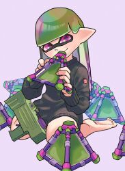 Rule 34 | 1girl, barefoot, black sweater, commentary request, feet, green hair, grey background, highres, holding, holding weapon, inkling, inkling girl, inkling player character, long hair, looking at viewer, multicolored hair, nastar r0, nintendo, pink eyes, pointy ears, purple hair, simple background, smile, solo, splat bomb (splatoon), splatoon (series), splatoon 3, splattershot jr (splatoon), sweater, two-tone hair, weapon