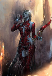 Rule 34 | 1girl, abstract background, absurdres, baldur&#039;s gate, baldur&#039;s gate 3, black lips, blonde hair, blood, blood in hair, blood on chest, blood on face, bodysuit, braid, braided ponytail, chalice, circlet, cleavage cutout, clothing cutout, colored skin, cup, dagger, detached sleeves, dripping, dungeons &amp; dragons, evil smile, feet out of frame, floating, floating object, grey skin, hair ornament, headpiece, highres, hip vent, holding, holding cup, junjiuk, knife, long hair, looking at viewer, low-braided long hair, low-tied long hair, orin the red, painterly, parted lips, realistic, red bodysuit, single braid, smile, solo, standing, thigh gap, very long hair, weapon, white eyes
