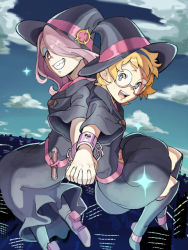 Rule 34 | 10s, 2girls, bad id, bad pixiv id, belt, blue eyes, boots, cityscape, cloud, cloudy sky, cuffs, day, dress, freckles, glasses, grin, hair over one eye, hairband, handcuffs, hat, little witch academia, long hair, looking at viewer, lotte jansson, multiple girls, open mouth, orange hair, pale skin, red eyes, sharp teeth, short hair, sky, skyline, smile, sucy manbavaran, teeth, witch, witch hat