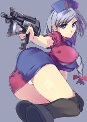Rule 34 | &gt;:), 1girl, aiming, ass, black socks, blue background, blue eyes, braid, breasts, daito, female focus, from behind, grey background, gun, handgun, hat, highres, hip focus, impossible clothes, impossible shirt, kneehighs, large breasts, light smile, long hair, looking at viewer, looking back, machine pistol, nurse cap, panties, personal defense weapon, pistol, pp-2000, shiny skin, shirt, shoes, silver hair, simple background, socks, solo, submachine gun, thighhighs, thighs, touhou, underwear, v-shaped eyebrows, weapon, yagokoro eirin