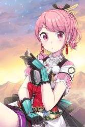 Rule 34 | 1girl, :o, bang dream!, black gloves, black ribbon, blue bow, blush, bow, cloud, cloudy sky, earrings, feather hair ornament, feathers, fingerless gloves, floral print, frills, gloves, hair ornament, hair ribbon, high ponytail, highres, holding, jewelry, looking at viewer, maruyama aya, outdoors, parted lips, pink eyes, pink hair, ponytail, purple skirt, ribbon, shirt, short sleeves, shuriken, sidelocks, skirt, sky, solo, sparkle, umeno, weapon, white shirt, yellow feathers
