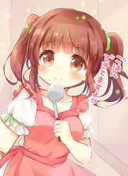 Rule 34 | 10s, 1girl, apron, blush, brown eyes, brown hair, collarbone, green ribbon, idolmaster, idolmaster cinderella girls, ladle, looking at viewer, ogata chieri, pink apron, puffy short sleeves, puffy sleeves, ribbon, ringo (nanaprin), short hair, short sleeves, smile, solo, text focus, translation request, twintails