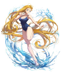 Rule 34 | 1girl, absurdres, barefoot, blonde hair, blue eyes, blue one-piece swimsuit, breasts, cleavage, competition school swimsuit, covered navel, highres, kofune ushio, long hair, medium breasts, meinoss, one-piece swimsuit, school swimsuit, simple background, solo, summertime render, swimsuit, very long hair, water, white background