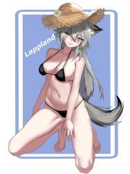 Rule 34 | 1girl, absurdres, animal ears, arknights, bare arms, bare legs, bare shoulders, barefoot, bikini, black bikini, blue eyes, breasts, character name, commentary request, earrings, flower, grey hair, grin, hat, hat flower, highres, jewelry, kneeling, lappland (arknights), long hair, looking at viewer, medium breasts, navel, one eye closed, smile, solo, stomach, straw hat, swimsuit, tail, thighs, very long hair, wolf ears, wolf tail, zzzai