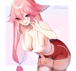 Rule 34 | 1girl, absurdres, animal ears, artist name, bare shoulders, blush, breasts, cleavage, collarbone, dolphin shorts, fox ears, fox shadow puppet, genshin impact, grin, highres, large breasts, leaning forward, long hair, looking at viewer, pink hair, purple eyes, red shorts, short shorts, shorts, sidelocks, smile, solo, tank top, thighhighs, thighs, tofuubear, very long hair, white tank top, white thighhighs, yae miko