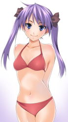 Rule 34 | 00s, 1girl, azu, bad id, belly, bikini, blue eyes, breasts, hair ribbon, hiiragi kagami, looking at viewer, lucky star, purple hair, red bikini, ribbon, simple background, small breasts, smile, solo, stomach, swimsuit, twintails