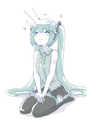 1girl 1other ^_^ aqua_hair aqua_necktie bare_shoulders black_footwear black_skirt boots closed_eyes full_body happy hatsune_miku headpat headset heart highres long_hair necktie nejikyuu number_tattoo own_hands_together pleated_skirt seiza shirt shoulder_tattoo sitting skirt sleeveless sleeveless_shirt smile tattoo thigh_boots twintails vocaloid