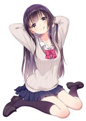 Rule 34 | 1girl, :p, arms up, black footwear, black legwear, blue skirt, blush, brown hair, closed mouth, collarbone, collared shirt, fingernails, hair between eyes, head tilt, highres, loafers, long hair, long sleeves, looking at viewer, original, pleated skirt, purple eyes, red neckwear, ribbon, school uniform, shirt, shoes, sidelocks, simple background, sitting, skirt, smile, solo, tongue, tongue out, vest, wariza, white background, white shirt, yatomi