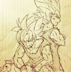 Rule 34 | 2boys, back-to-back, between legs, crossed arms, dirty, dirty clothes, dragon ball, dragonball z, hand between legs, looking at another, looking at viewer, looking back, male focus, monochrome, multiple boys, notebook, serious, short hair, simple background, smile, son goku, spiked hair, super saiyan, super saiyan 1, tkgsize, vegeta, wristband