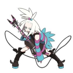 Rule 34 | 10s, 1girl, artist request, bass guitar, boots, creatures (company), female focus, game freak, guitar, gym leader, instrument, looking at viewer, nintendo, pokemon, pokemon bw2, roxie (pokemon), shirt, short hair, solo, striped clothes, striped shirt, topknot, white hair