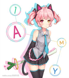 Rule 34 | 1girl, :&lt;, animal ears, blush, breasts, cat ears, cat girl, cat tail, collared shirt, commentary, cosplay, detached sleeves, drop shadow, food, hatsune miku, hatsune miku (cosplay), heart, heterochromia, holding, holding food, holding vegetable, long sleeves, miu (pixiv4149478), necktie, original, pink eyes, pink hair, pleated skirt, shirt, skirt, sleeveless, sleeveless shirt, small breasts, solo, spring onion, tail, thighhighs, twintails, vegetable, vocaloid, yellow eyes