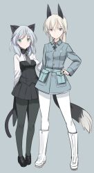 Rule 34 | 2girls, aged up, animal ears, black footwear, black legwear, black skirt, boots, commentary request, cross, dog ears, dog tail, dress, eila ilmatar juutilainen, full body, grey background, grey dress, hand on own hip, loafers, long sleeves, looking at viewer, military, military uniform, multiple girls, pantyhose, pleated skirt, sanya v. litvyak, shimada fumikane, shoes, silver hair, simple background, skirt, standing, strike witches, tail, uniform, white footwear, white legwear, world witches series