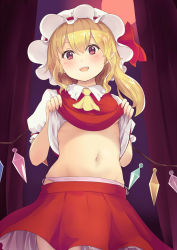 Rule 34 | 1girl, :d, ascot, blonde hair, blush, commentary request, cowboy shot, crystal, culter, curtains, flandre scarlet, frilled shirt collar, frills, hair between eyes, hands up, hat, hat ribbon, highres, lifted by self, long hair, looking at viewer, midriff, miniskirt, mob cap, moon, navel, one side up, open mouth, panties, pink panties, pointy ears, puffy short sleeves, puffy sleeves, red eyes, red moon, red ribbon, red skirt, red vest, ribbon, shirt, short sleeves, side-tie panties, skirt, skirt set, smile, solo, standing, stomach, touhou, underwear, vest, vest lift, white hat, white shirt, wings, yellow ascot