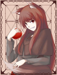 Rule 34 | 00s, 1girl, animal ears, apple, bad id, bad pixiv id, brown hair, fang, food, fruit, highres, holding, holding food, holding fruit, holo, kauto, long hair, solo, spice and wolf, tail, wolf ears