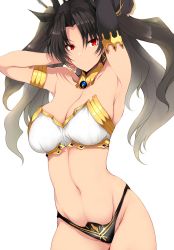 Rule 34 | 1girl, armlet, armpits, arms behind head, arms up, bikini, black hair, black thighhighs, bracelet, breasts, cleavage, collarbone, detached sleeves, earrings, fate/grand order, fate (series), gold trim, hair ribbon, highres, hoop earrings, ishtar (fate), jewelry, large breasts, long hair, looking at viewer, mismatched bikini, neck ring, parted bangs, red eyes, ribbon, single detached sleeve, smile, solo, swimsuit, thighhighs, thighs, tiara, tsukasawa takamatsu, two side up, white background