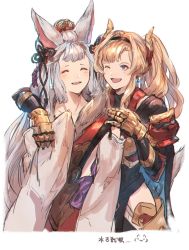 Rule 34 | 2girls, animal ears, anklet, bell, blonde hair, blue eyes, blush, braid, breasts, cleavage, erune, fox ears, fur trim, granblue fantasy, hair bell, hair intakes, hair ornament, hairband, highres, jewelry, long hair, looking at viewer, multiple girls, open mouth, shimatani azu, silver hair, simple background, smile, societte (granblue fantasy), thighhighs, twintails, zeta (granblue fantasy)