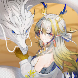 Rule 34 | 1girl, arknights, bare shoulders, blonde hair, chen yi chen, chinese commentary, closed mouth, colored skin, commentary request, dragon, earrings, eastern dragon, from side, gradient hair, grey eyes, hair between eyes, hair intakes, highres, horns, jacket, jewelry, light blush, long hair, long sleeves, looking at viewer, looking to the side, multicolored hair, necklace, off shoulder, own hands together, pointy ears, purple hair, purple horns, red pupils, shu (arknights), smile, solo, turning head, upper body, watermark, weibo logo, white hair, white horns, white jacket, yellow horns