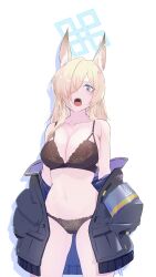 Rule 34 | 1girl, absurdres, animal ears, artist name, black bra, black jacket, black panties, blonde hair, blue archive, blue eyes, bra, breasts, cleavage, clothes pull, commentary, cowboy shot, frown, hair over one eye, halo, highres, inuinuo gataken, jacket, jacket pull, kanna (blue archive), lace, lace bra, large breasts, long hair, looking at viewer, navel, open clothes, open jacket, open mouth, panties, sharp teeth, signature, simple background, solo, standing, teeth, underwear, white background