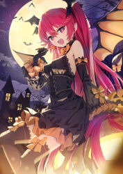 Rule 34 | + +, 1girl, bare shoulders, bare tree, bat (animal), bat wings, black dress, black gloves, black thighhighs, blush, bow legwear, breasts, building, candy, demon tail, detached sleeves, dress, food, full moon, gloves, halloween, head wings, highres, holding, holding candy, holding food, holding lollipop, jack-o&#039;-lantern, lollipop, long hair, looking at viewer, medium breasts, moon, night, open mouth, original, outdoors, pointy ears, pumpkin, red eyes, red hair, sitting, sky, smile, solo, star (sky), starry sky, tail, thighhighs, tree, very long hair, wasabi60, wings