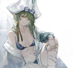 Rule 34 | 1girl, absurdres, arknights, bikini, blue bikini, breasts, can, collarbone, eyewear on head, gavial (arknights), green hair, hair between eyes, highres, holding, holding can, jacket, jewelry, large hat, long hair, looking at viewer, medium breasts, navel, open clothes, open jacket, pointy ears, ring, shijiubashuazi, simple background, sitting, smile, solo, sunglasses, swimsuit, very long hair, white background, white jacket, yellow eyes