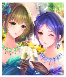 Rule 34 | 2girls, :d, absurdres, alcohol, bad id, bad pixiv id, blue eyes, blue hair, blurry, blurry background, bracelet, brown hair, cup, drinking glass, earrings, feather earrings, feathers, gloves, green eyes, hair ornament, hayami kanade, heterochromia, highres, huge filesize, idolmaster, idolmaster cinderella girls, jewelry, lace, lace gloves, light blush, mole, mole under eye, multiple girls, nyome991, one eye closed, open mouth, short hair, smile, takagaki kaede, teeth, upper body, upper teeth only, wine, wine glass, yellow eyes