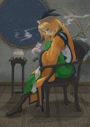 Rule 34 | 1girl, absurdres, aoiueo12, armchair, blonde hair, boots, chair, cup, drinking glass, green skirt, hat, highres, holding, holding cup, incense, knee up, long hair, long sleeves, looking at cup, matara okina, orange tabard, sitting, skirt, smoke, solo, tabard, touhou, wide sleeves, yellow eyes