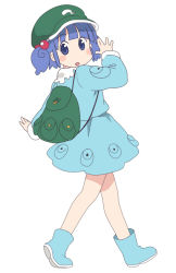 Rule 34 | 1girl, backpack, bag, blue eyes, blue hair, blush stickers, boots, female focus, full body, hair bobbles, hair ornament, hat, kawashiro nitori, looking back, matching hair/eyes, nichijou, parody, pentagon (uzus), randoseru, rubber boots, short hair, simple background, solo, standing, style parody, touhou, twintails, two side up, walking, white background