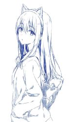 Rule 34 | 10s, 1girl, animal ears, bag, blue theme, breasts, cat ears, fake animal ears, from side, hand in pocket, hand up, highres, hiten (hitenkei), koe no katachi, long hair, long sleeves, looking at viewer, monochrome, parted lips, school uniform, shoulder bag, simple background, sketch, small breasts, solo, ueno naoka, upper body, white background