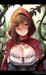 Rule 34 | 1girl, aged up, alternate breast size, blouse, breasts, brown hair, cape, cleavage, cloak, collarbone, corset, crescent rose, day, dress, elbow gloves, elbow sleeve, forest, frilled dress, frills, gloves, grey eyes, hair between eyes, head tilt, highres, hood, hooded cloak, large breasts, leaf, little red riding hood (grimm), lulu-chan92, name connection, nature, outdoors, petals, plant, red cape, rose petals, ruby rose, rwby, shirt, smile, solo, vines, watermark, web address