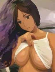 Rule 34 | 1girl, bare shoulders, breasts, brown hair, camisole, camisole lift, closed mouth, clothes lift, dark-skinned female, dark skin, expressionless, eyebrows, eyelashes, female focus, highres, large breasts, long hair, presenting, selfie, shiny skin, shirt, shirt lift, tan, white camisole, white shirt