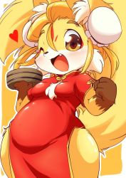 Rule 34 | blonde hair, brown eyes, chinese clothes, fox, furry, long hair, one eye closed, open mouth, ukan muri