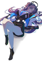 Rule 34 | belt, blue archive, blue necktie, collared shirt, formal, halo, highres, id card, jacket, jacket partially removed, miniskirt, momiji oroshi, multicolored clothes, multicolored jacket, necktie, off shoulder, open clothes, open jacket, parted bangs, pleated skirt, purple eyes, purple hair, shirt, sidelocks, skirt, suit, two-sided fabric, two-sided jacket, two-tone jacket, two side up, white belt, white jacket, white shirt, yuuka (blue archive)