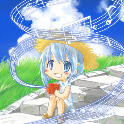 Rule 34 | 10s, 1girl, :d, blue eyes, blue hair, blush, chibi, cloud, day, grass, hair ornament, hat, leowings, mahou shoujo madoka magica, mahou shoujo madoka magica (anime), matching hair/eyes, miki sayaka, music box, musical note, open mouth, sandals, short hair, sitting, sky, smile, solo, straw hat