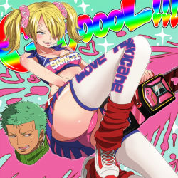 Rule 34 | 1boy, 1girl, bad id, bad pixiv id, belt, blonde hair, blue eyes, candy, chainsaw, cheerleader, clothes writing, cosplay, crop top, earrings, food, genderswap, genderswap (mtf), grasshopper manufacture, green hair, hair over one eye, jewelry, juliet starling, juliet starling (cosplay), leg warmers, lollipop, lollipop chainsaw, long hair, midriff, miniskirt, mouth hold, one piece, open mouth, panties, pantyshot, roronoa zoro, sanji (one piece), scrunchie, severed head, shoes, short hair, skirt, sneakers, sweatdrop, thighhighs, twintails, underwear, upskirt, what, white thighhighs, yuuga (cherrybomb-g)